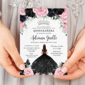Black Pink Floral Flowers Dress Silver Quinceanera