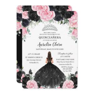 Black Pink Floral Princess Gown Silver Quinceañera