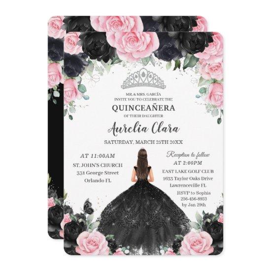 Black Pink Floral Princess Gown Silver Quinceañera