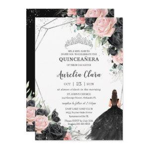 Black Pink Floral Princess Silver Quinceañera