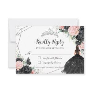 Black Pink Floral Princess Silver Quinceañera  RSVP Card
