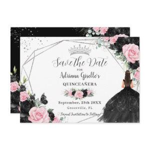 Black Pink Floral Princess Silver Quinceañera Save The Date