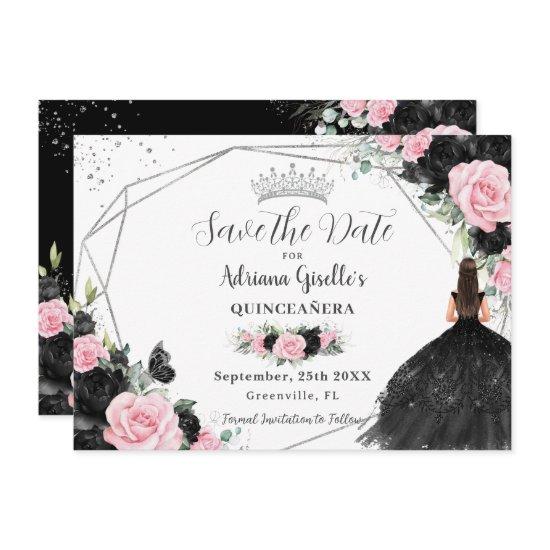 Black Pink Floral Princess Silver Quinceañera Save The Date