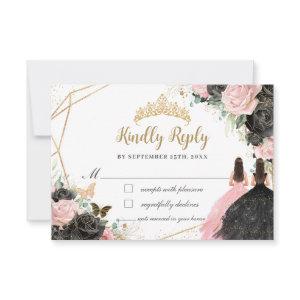 Black Pink Floral Princess Twins Quinceañera Reply RSVP Card