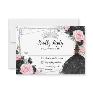 Black Pink Floral Silver Princess Gown Quinceañera RSVP Card
