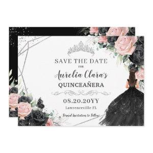 Black Pink Floral Silver Quinceanera XV Sweet 16 Save The Date