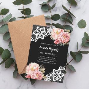 Black pink florals lace elegant birthday