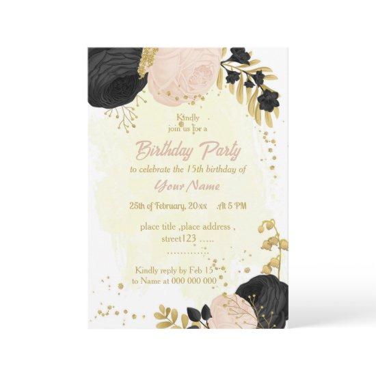 black & pink flowers gold botanical birthday party