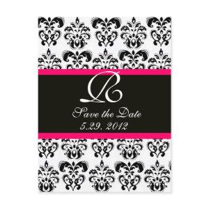 BLACK  PINK FUCHSIA AND WHITE DAMASK MONOGRAM ANNOUNCEMENT POSTCARD