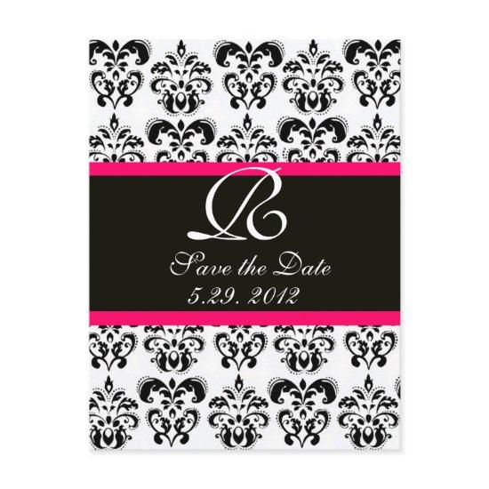 BLACK  PINK FUCHSIA AND WHITE DAMASK MONOGRAM ANNOUNCEMENT POSTCARD