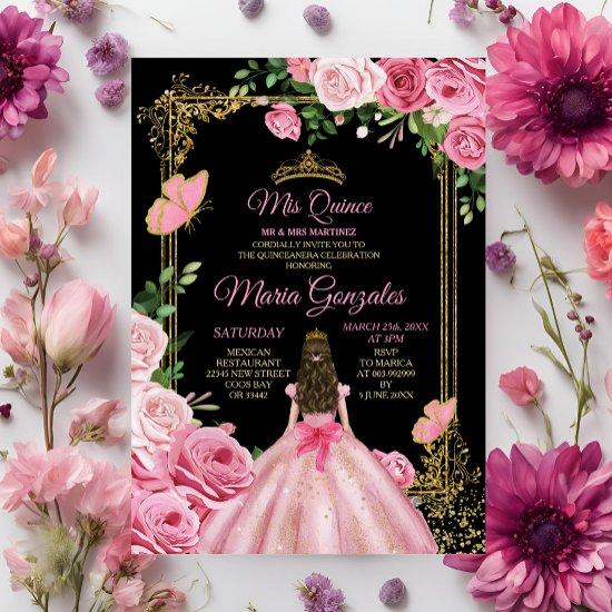 Black Pink Mis Quince 15 Anos Butterfly Gold Crown