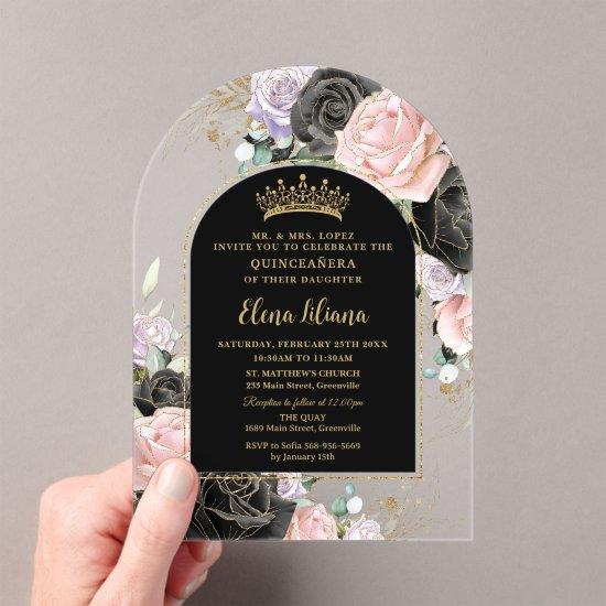 Black Pink Purple Floral Gold Quinceanera Sweet 16 Acrylic