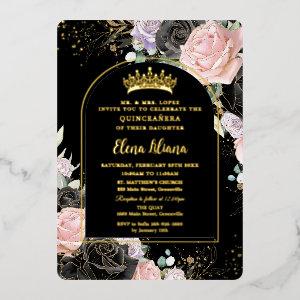 Black Pink Purple Floral Gold Quinceanera Sweet 16 Foil