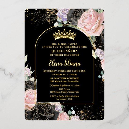 Black Pink Purple Floral Gold Quinceanera Sweet 16 Foil