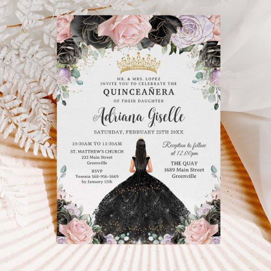 Black Pink Purple Floral Gold Quinceanera Sweet 16