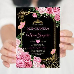 Black Pink Quinceañera Crown Butterfly 15 Anos