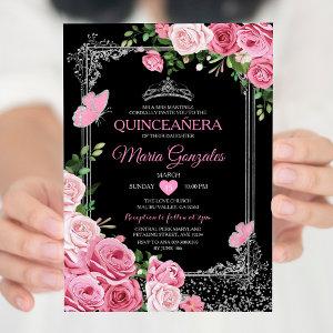 Black Pink Quinceañera Crown Butterfly 15 Anos