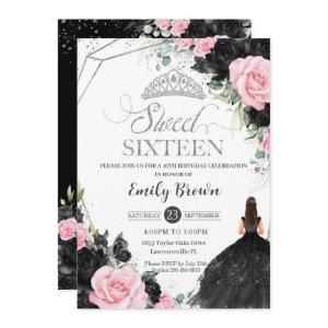 Black Pink Roses Floral Princess Sweet 16 Silver