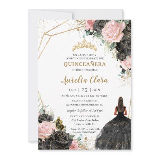 Black Pink Roses Floral Quinceañera Sweet Sixteen