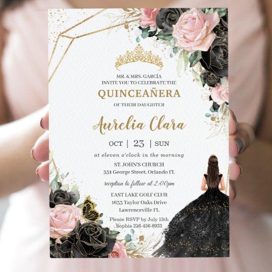 Black Pink Roses Floral Quinceañera Sweet Sixteen