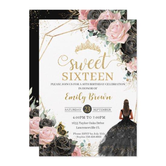 Black Pink Roses Floral Tan Princess Sweet Sixteen