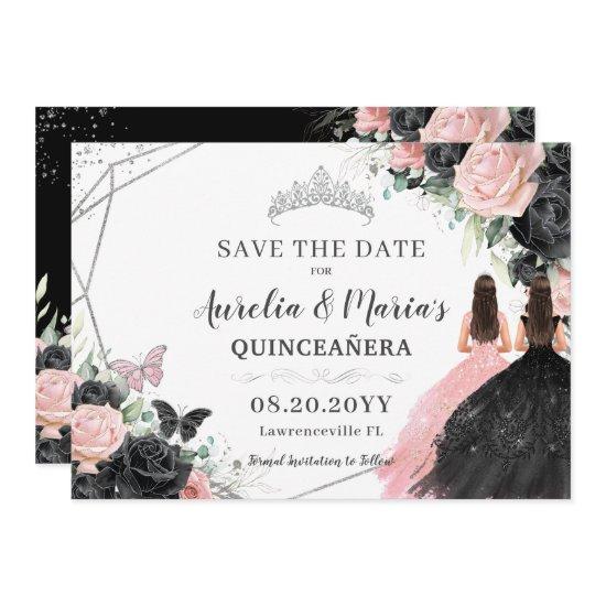 Black Pink Roses Floral Twins Quinceanera Sweet 16 Save The Date