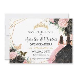Black Pink Roses Floral Twins Quinceanera Sweet 16 Save The Date