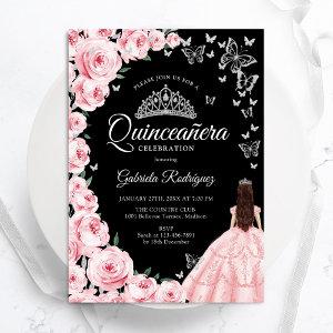 Black Pink Silver Floral Butterflies Quinceanera