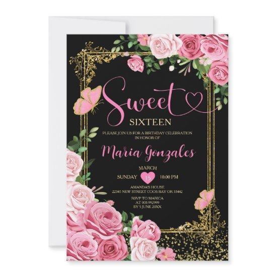 Black Pink Sweet Sixteen Gold 16th Girl Birthday