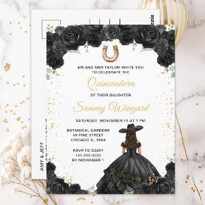 Black Princess Floral Charro Quinceañera Postcard
