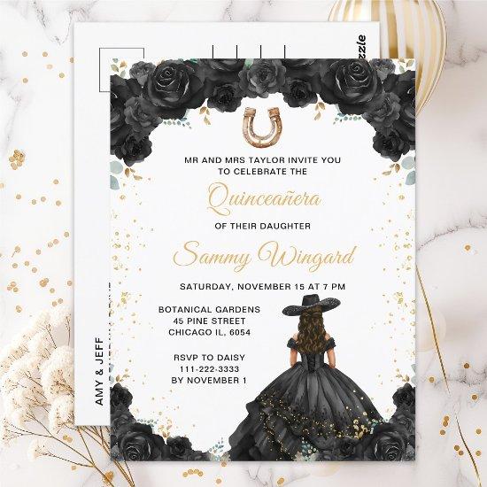 Black Princess Floral Charro Quinceañera Postcard