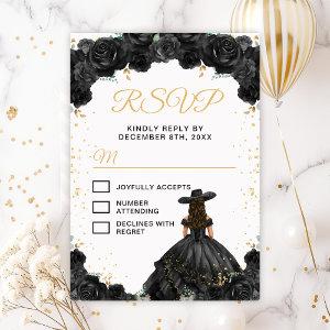 Black Princess Floral Charro Quinceañera RSVP Card