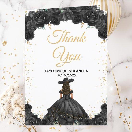 Black Princess Floral Charro Quinceañera Thank You Card