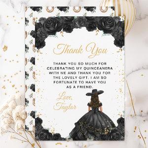 Black Princess Floral Charro Quinceañera Thank You Card