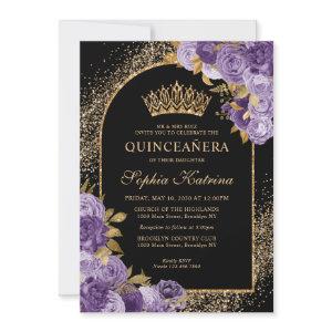 Black Purple Plum Gold Glitter Floral Quinceanera