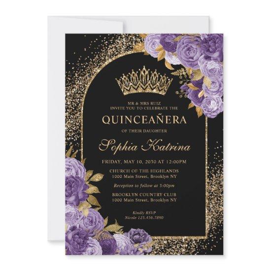 Black Purple Plum Gold Glitter Floral Quinceanera