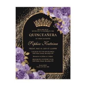 Black Purple Plum Gold Glitter Floral Quinceanera  Postcard