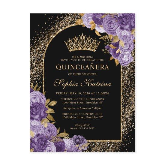 Black Purple Plum Gold Glitter Floral Quinceanera  Postcard