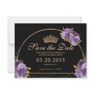 Black Purple Plum Gold Glitter Floral Quinceanera Postcard
