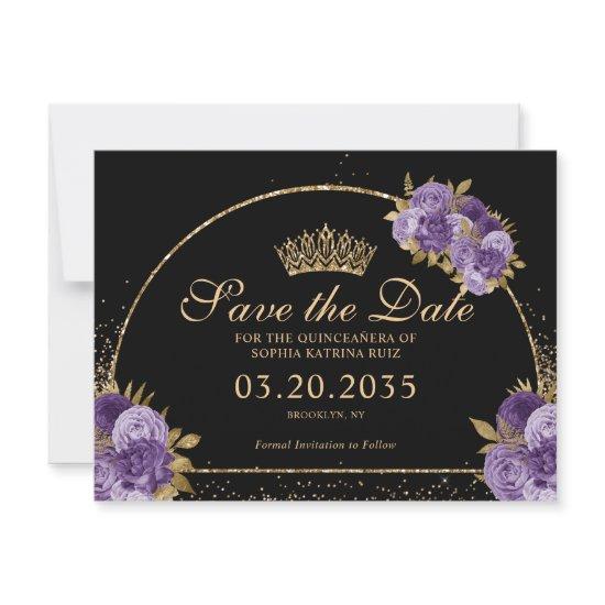 Black Purple Plum Gold Glitter Floral Quinceanera Postcard