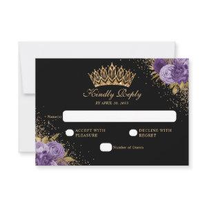 Black Purple Plum Gold Glitter Floral Quinceanera RSVP Card