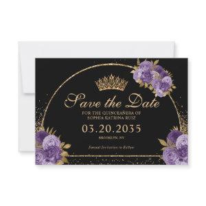 Black Purple Plum Gold Glitter Floral Quinceanera Save The Date