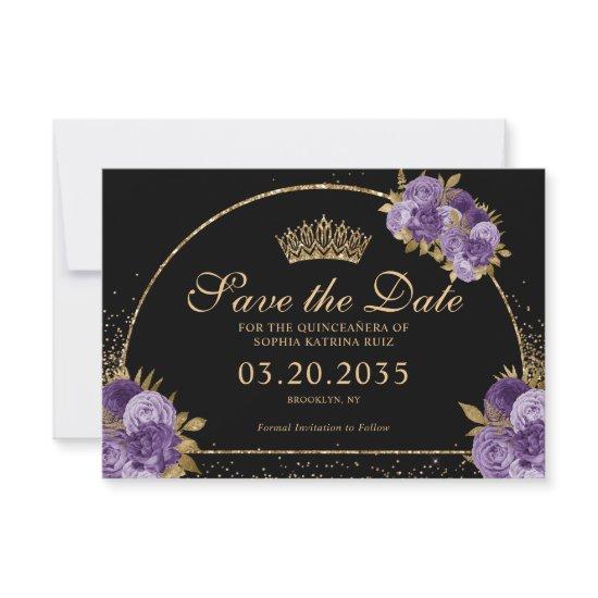 Black Purple Plum Gold Glitter Floral Quinceanera Save The Date