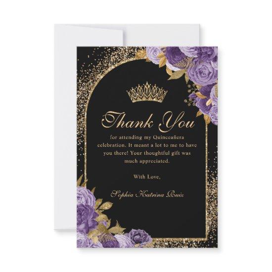 Black Purple Plum Gold Glitter Floral Quinceanera Thank You Card