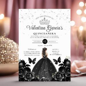 Black Quinceañera 15 Anos Flowers Silver Glitter