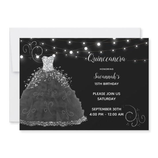 Black Quinceanera Evening Gown String Lights