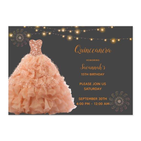Black Quinceanera Peach Gown Lights