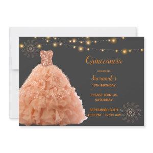 Black Quinceanera Peach Gown Lights