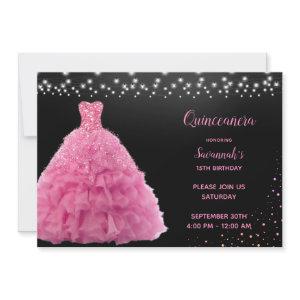 Black Quinceanera Princess Pink Gown Lights