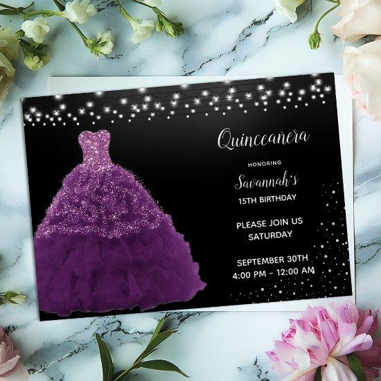Black Quinceanera Princess Purple Gown Lights